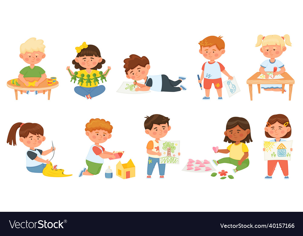 Kids doing creative activities and craft hobbies Vector Image