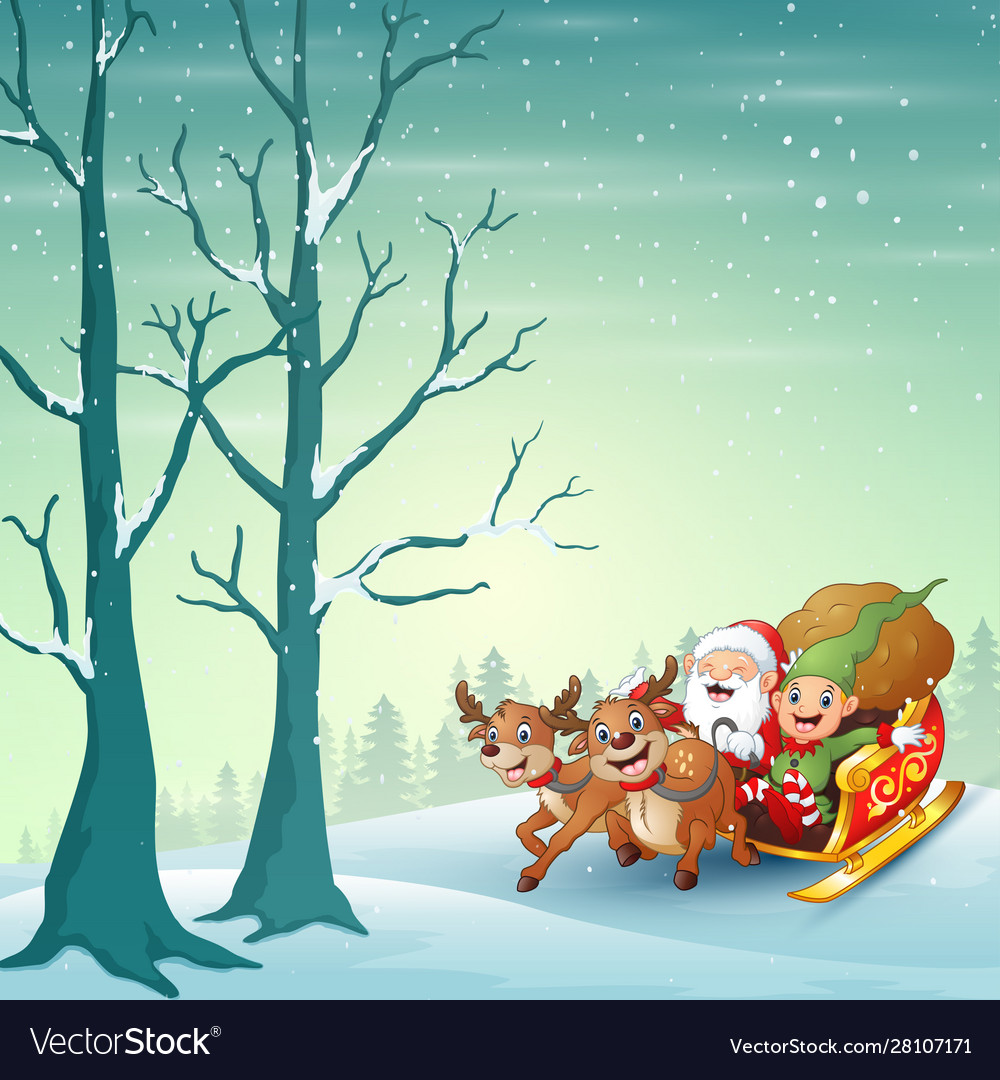Glücklich santa clauss und elf Reiten seine Schlitten vector image Glücklich santa clauss und elf Reiten seine Schlitten