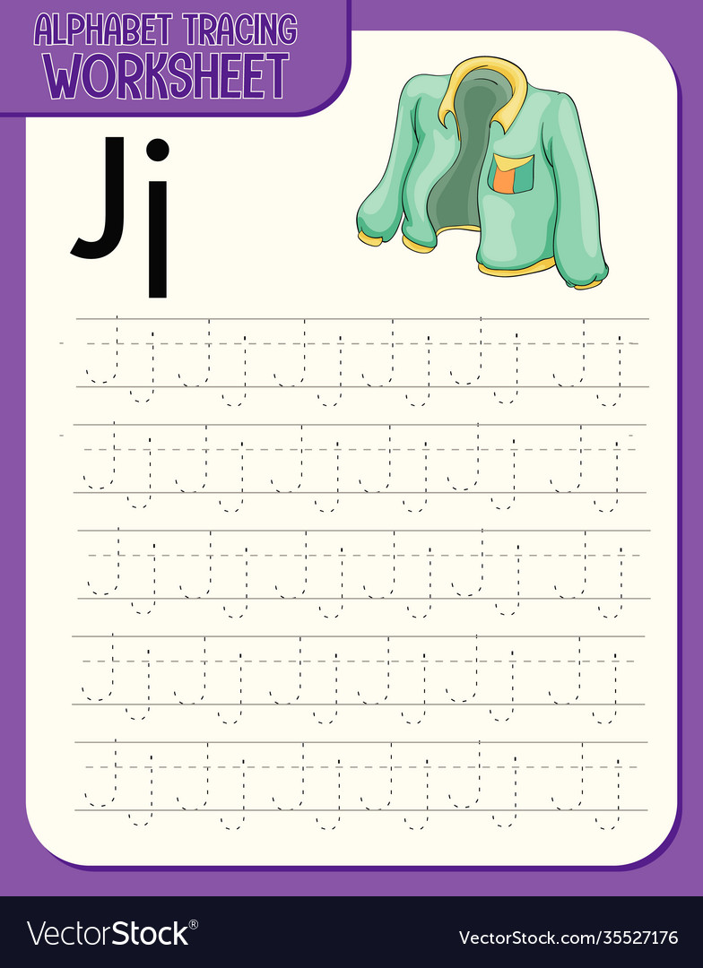 Alphabet tracing worksheet with letter j and j Vector Image