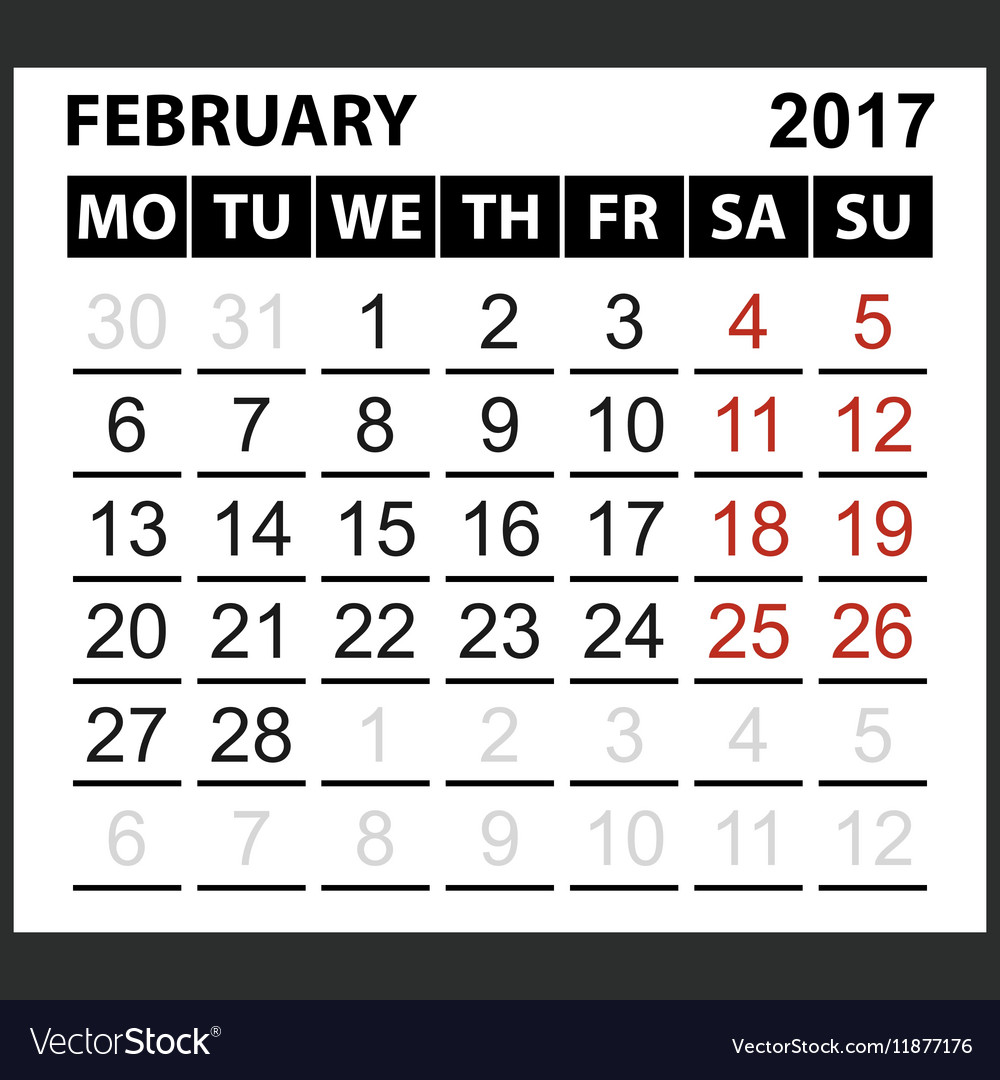 Calendar sheet february 2017