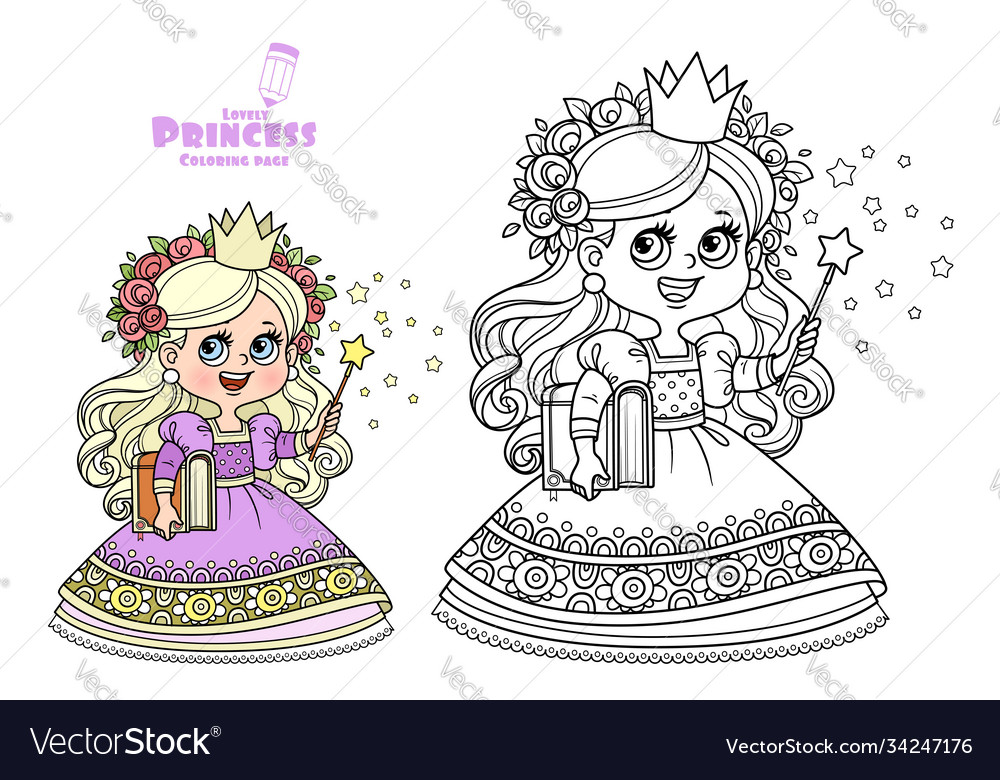 Cute princess with book in hand and a magic wand