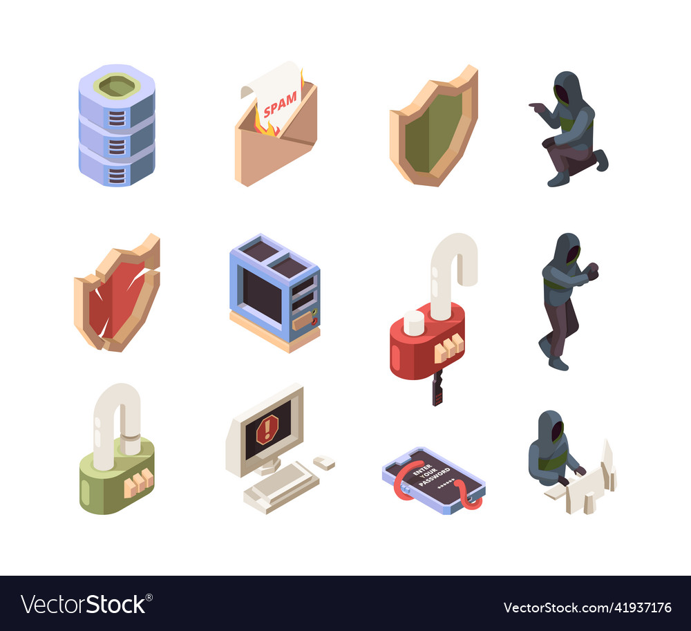 Hacker characters computer online network attack vector image Hacker characters computer online network attack