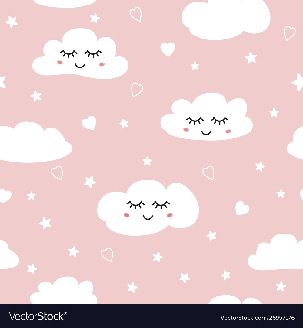 Sweet pink seamless pattern white sleeping clouds