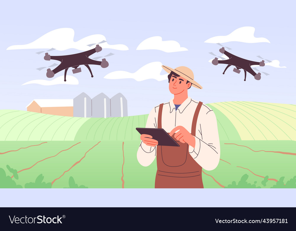 Farmer uses drone for agricultural purposes Vector Image Farmer uses drone for agricultural purposes Vector Image