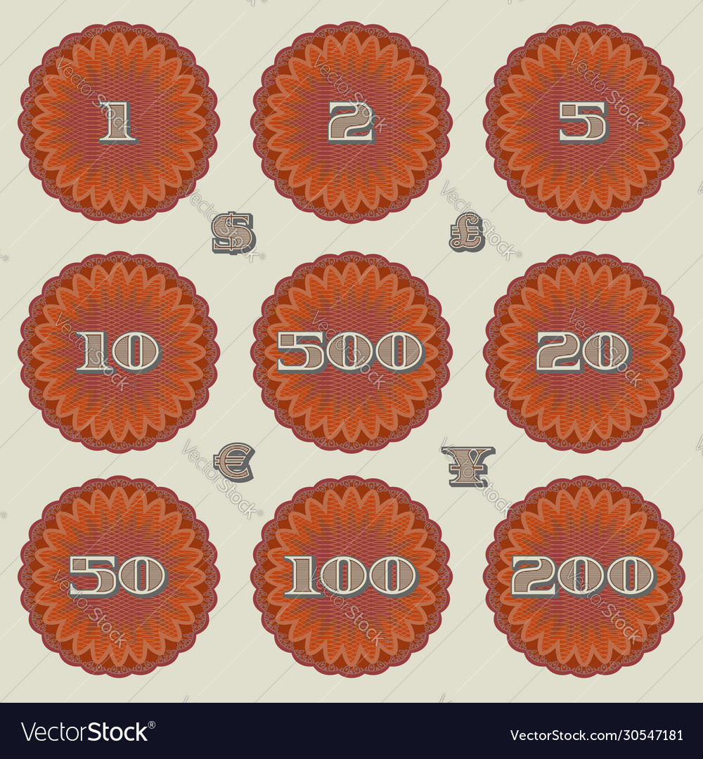Set round guilloche patterns with face values
