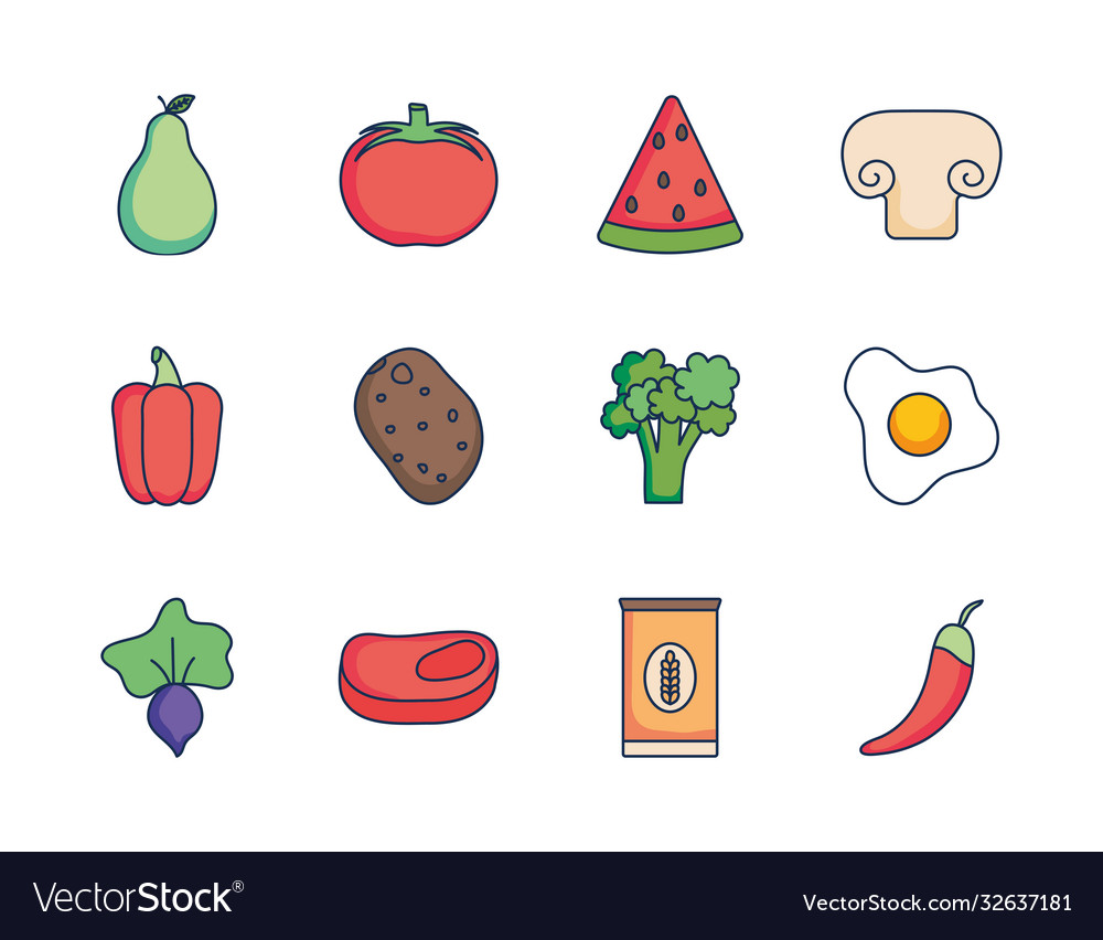 Vegetables and healthy food icon set line fill
