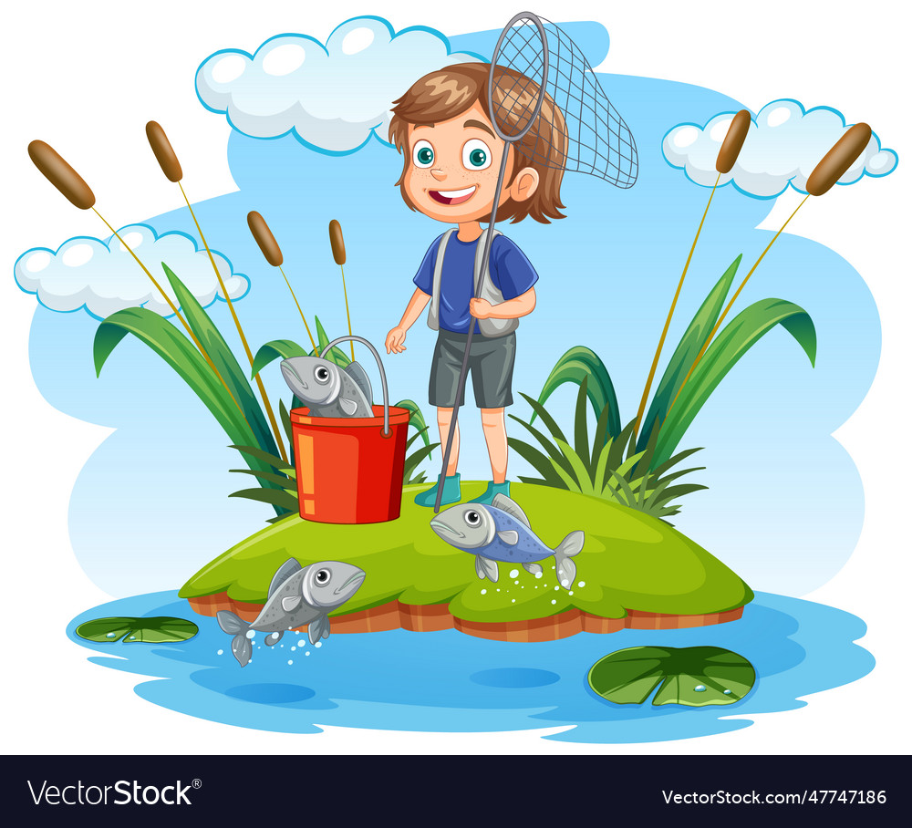 Cartoon girl fishing in the pond Royalty Free Vector Image