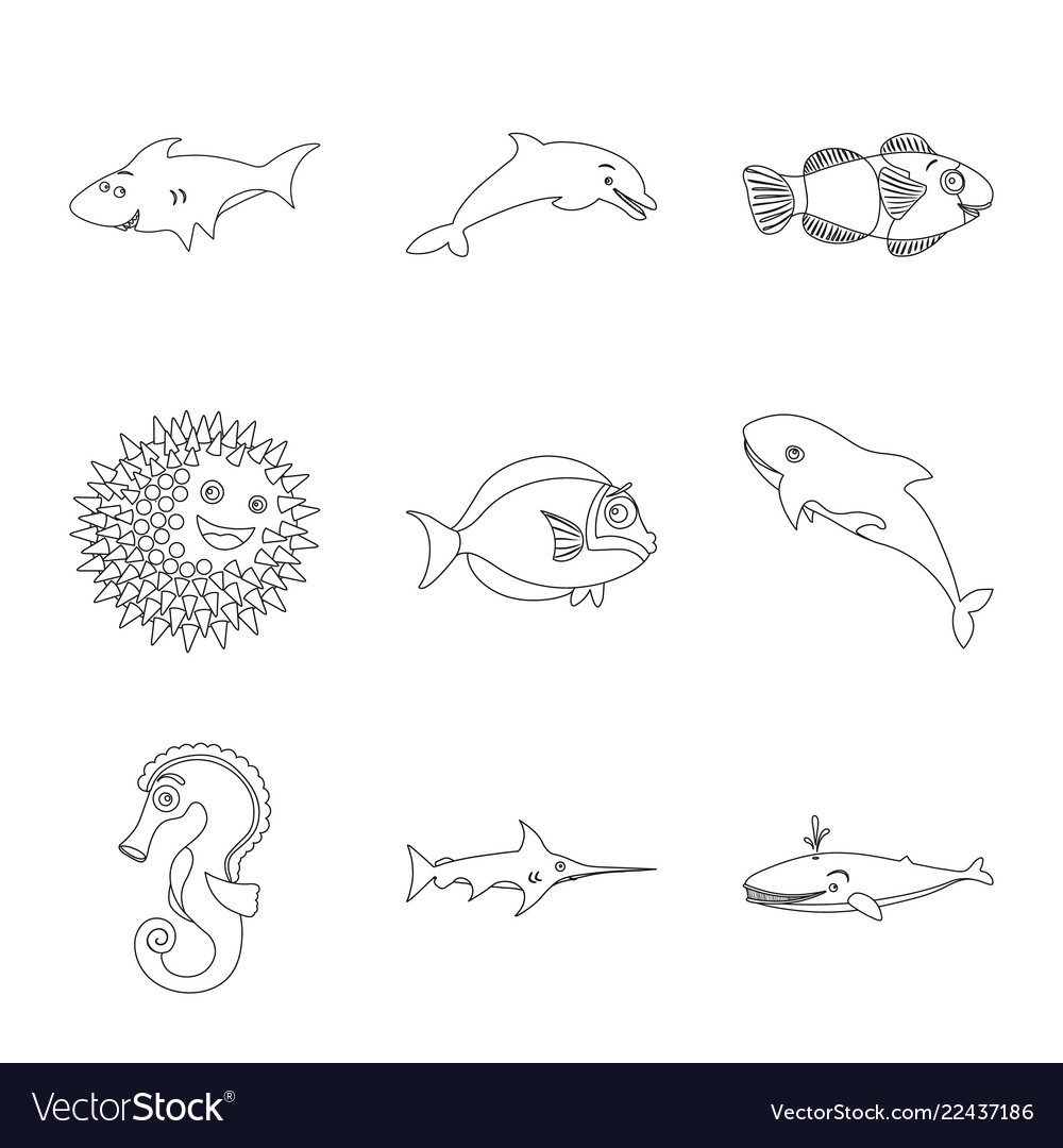 Isolated object of sea and animal icon set