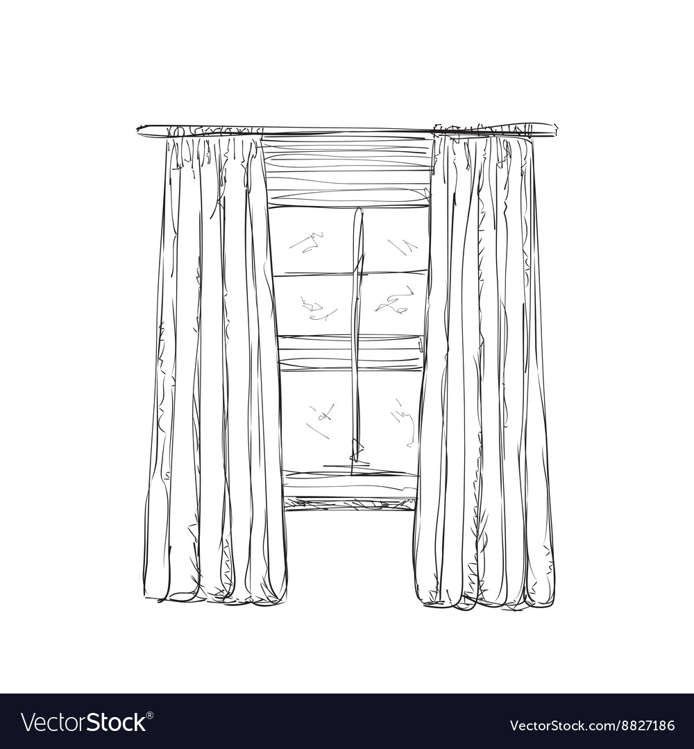 Window and curtains sketch Royalty Free Vector Image