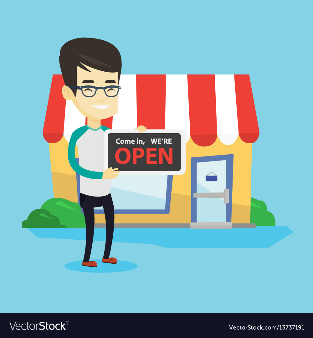 Asian shop owner holding open signboard