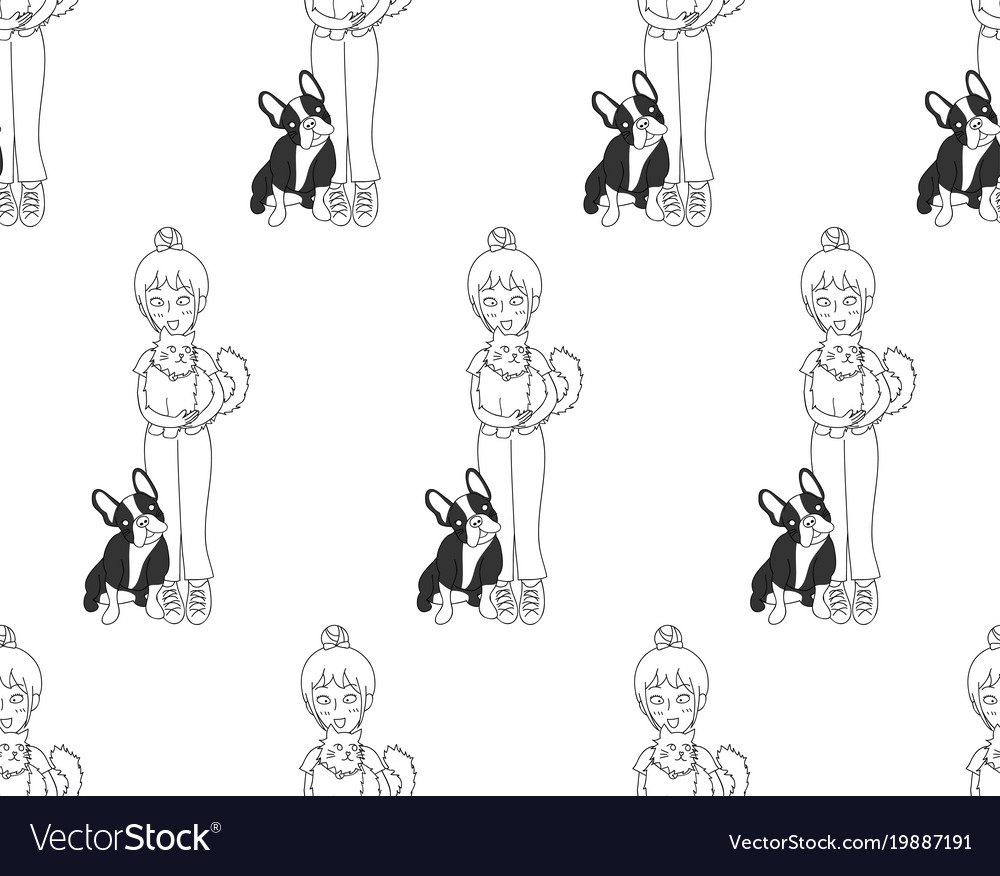 Cute Girl Bun Hair With Cat And Dog On White Vector Image