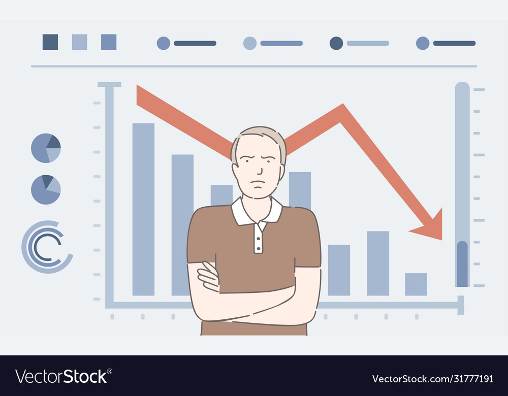 Man and falling bar graph cartoon