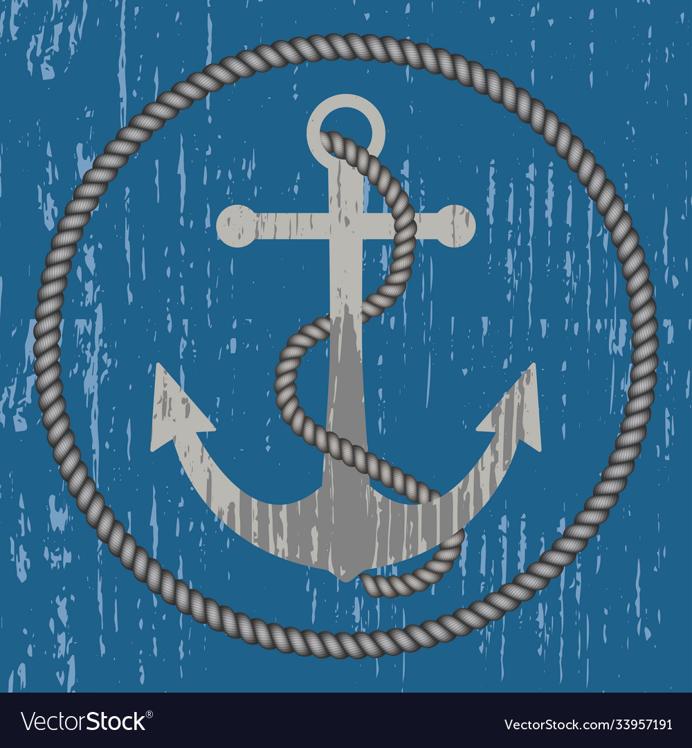 Old anchor with rope blue background vector image Old anchor with rope blue background