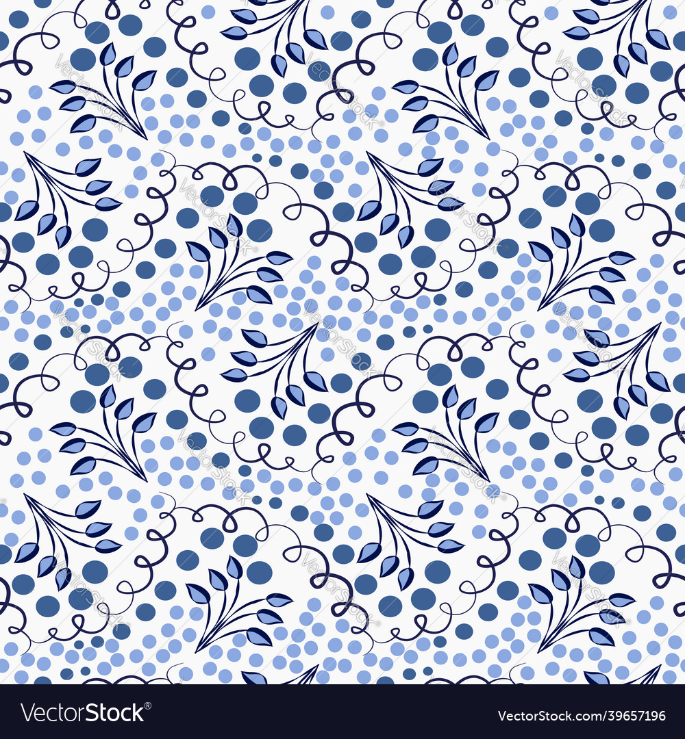 Blue seamless pattern with twigs and dots