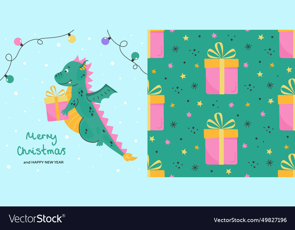 Cute dragon with gifts card and seamless pattern