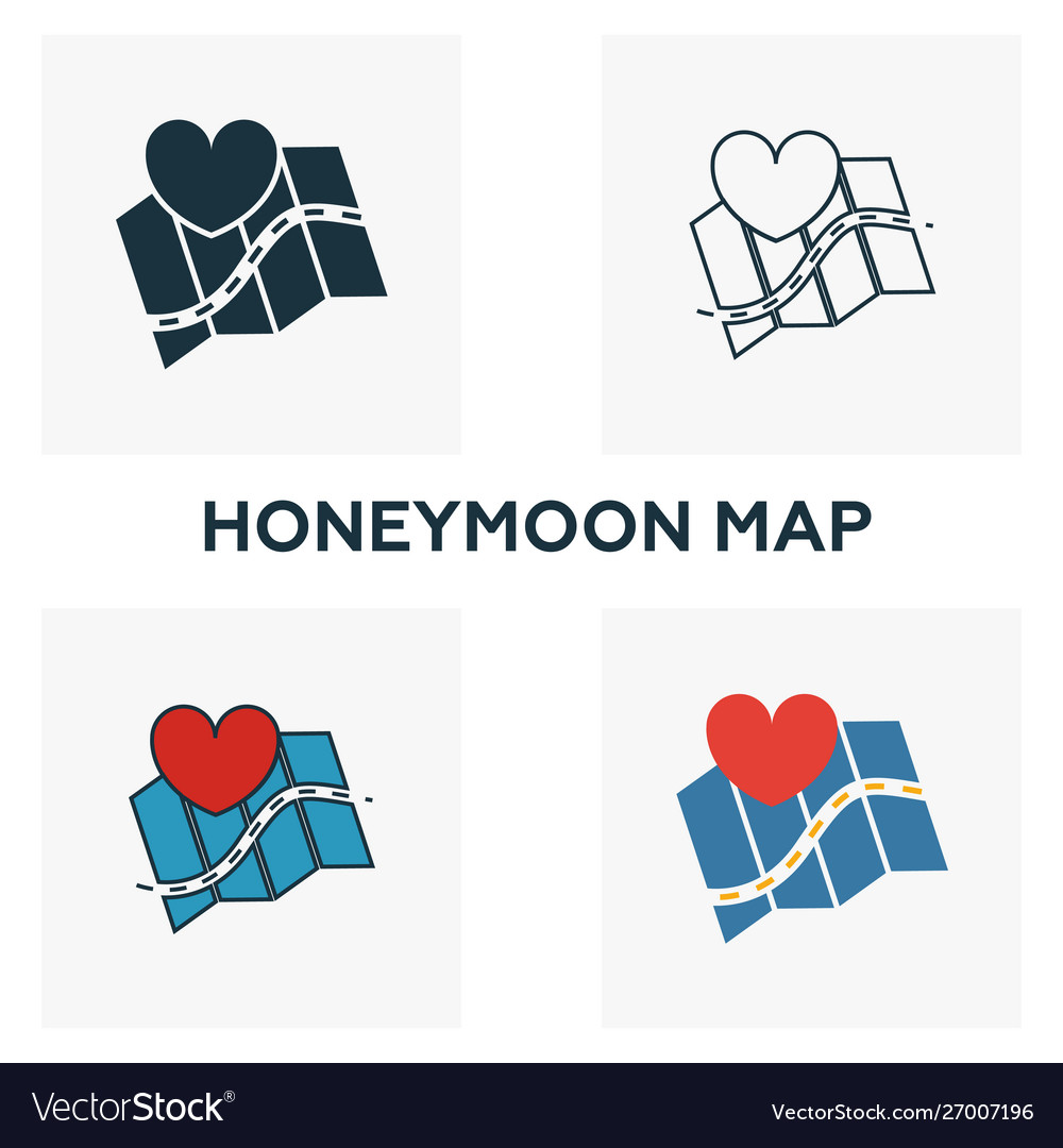 Honeymoon map icon set four elements in different