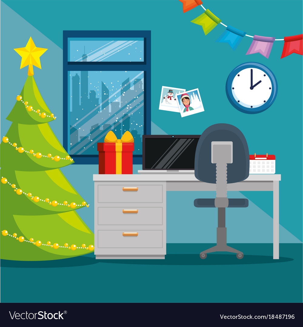 Merry christmas decorated workplace office Vector Image