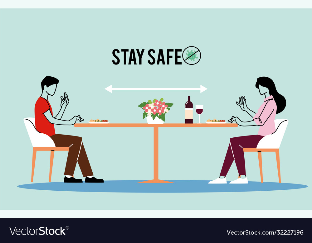 Social distancing between woman and man at table Vector Image