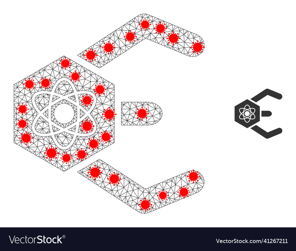 Polygonal carcass atomic bot icon with virus items