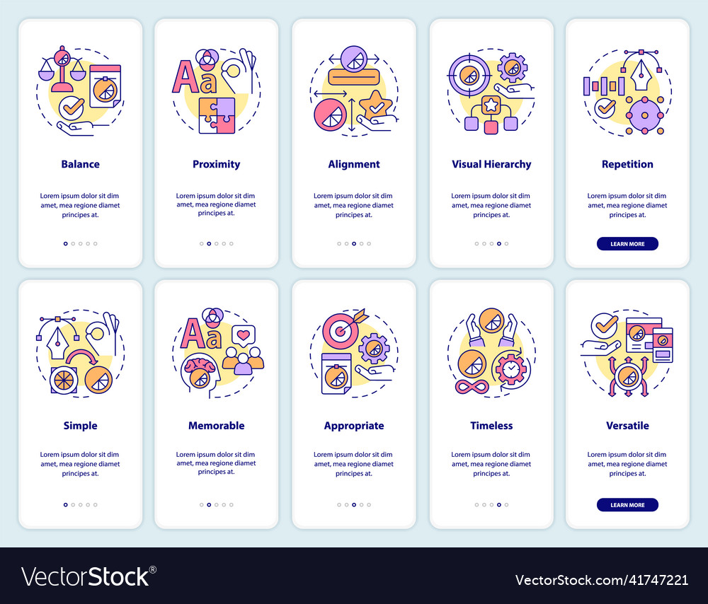 Design principles onboarding mobile app screen set