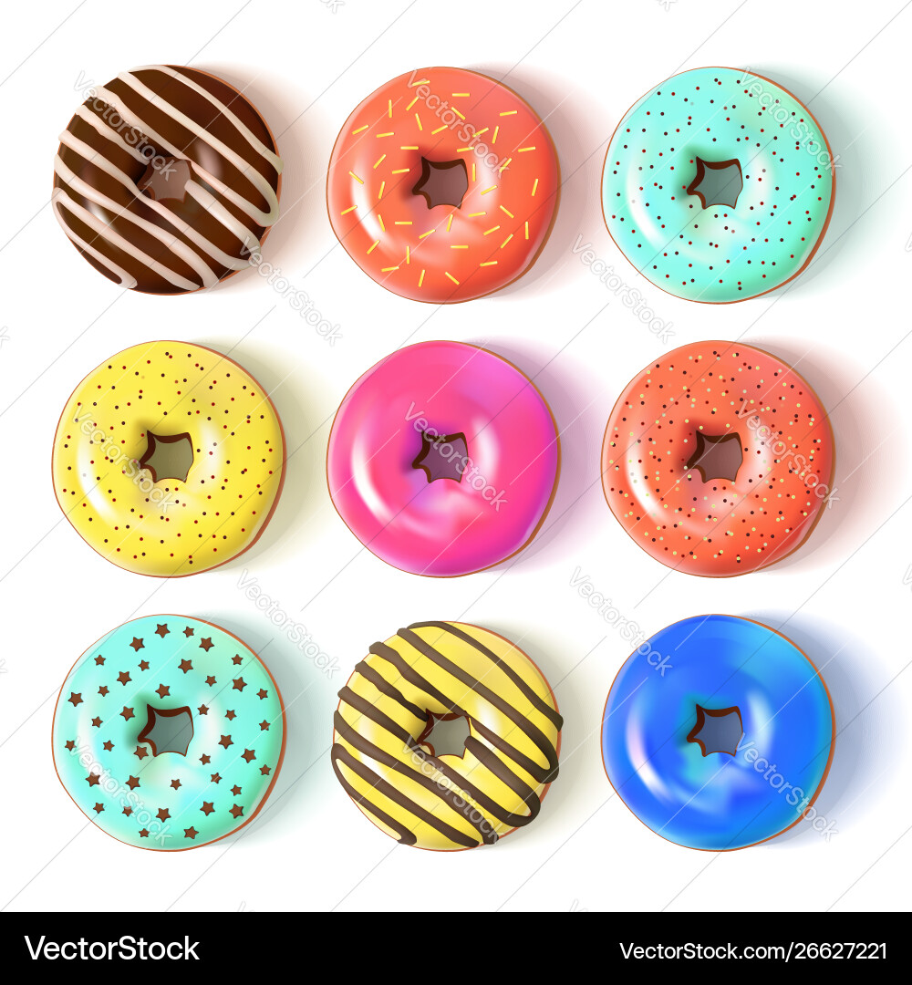 Glazed colored donuts set 3d Royalty Free Vector Image