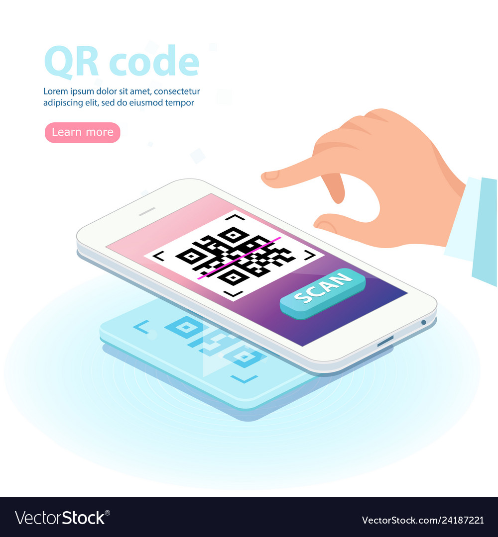 Human hand holding phone with qr code flat cartoon