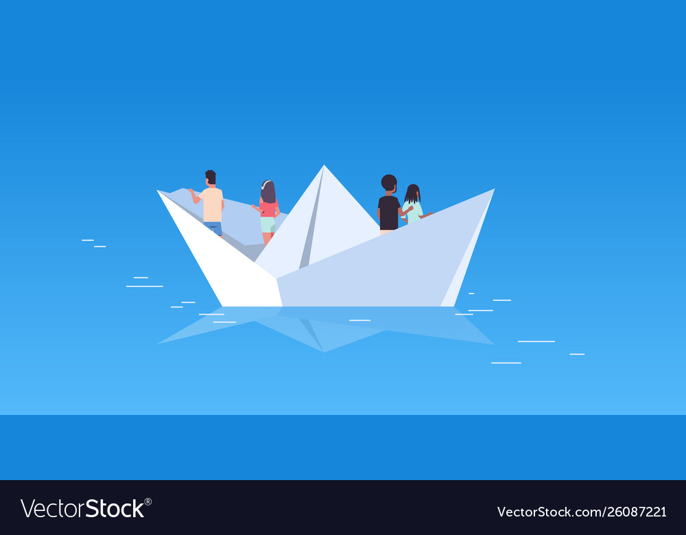 People group floating on paper boat rear view men