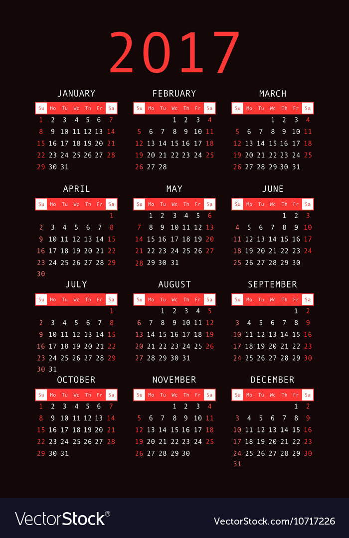 Calendar for 2017 on black background vertical