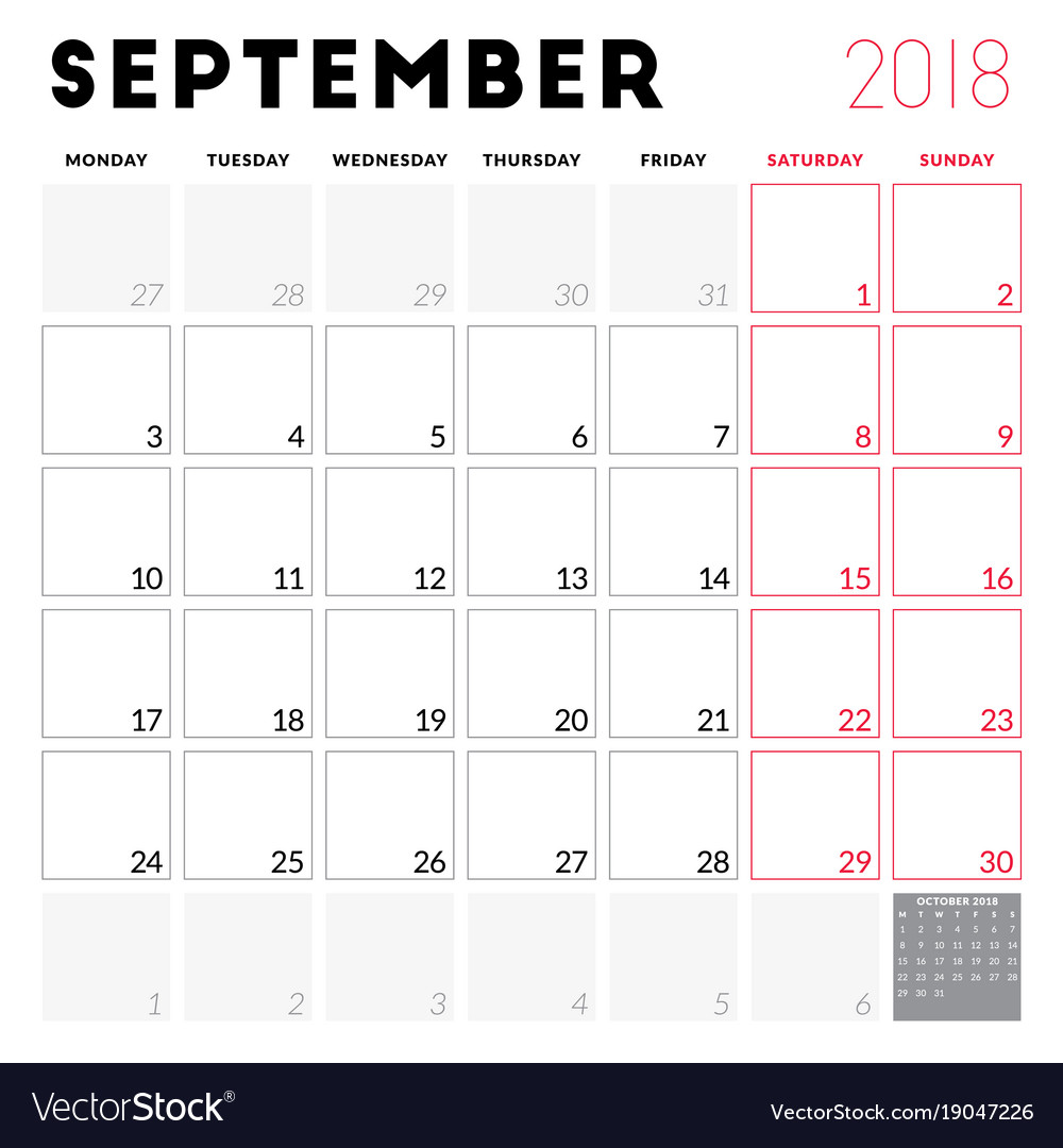 Calendar planner for september 2018 week starts