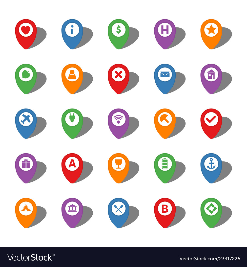 Set of twenty five colorful map pointers vector image Set of twenty five colorful map pointers