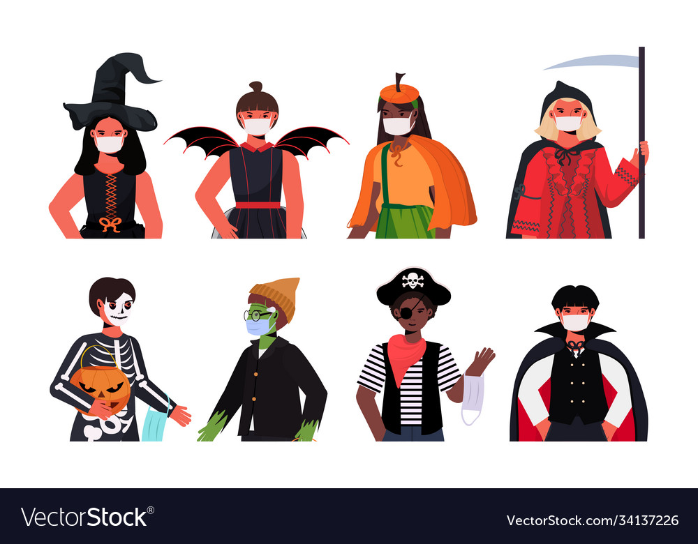 Set people in masks wearing different costumes