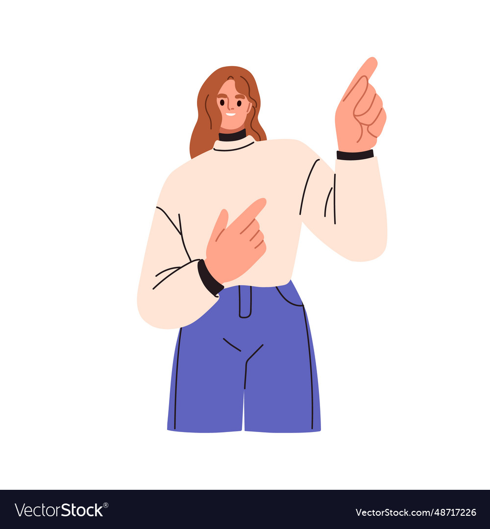 Woman pointing up and aside with index fingers Vector Image Woman pointing up and aside with index fingers