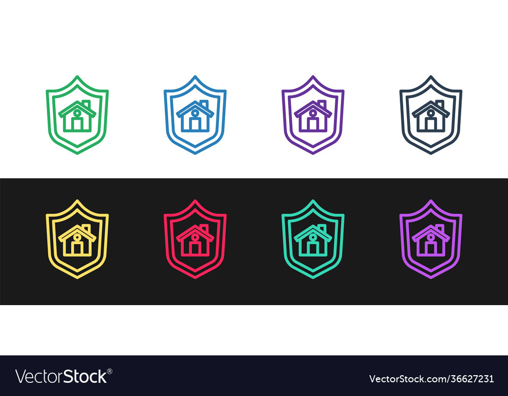 Set line house with shield icon isolated on black