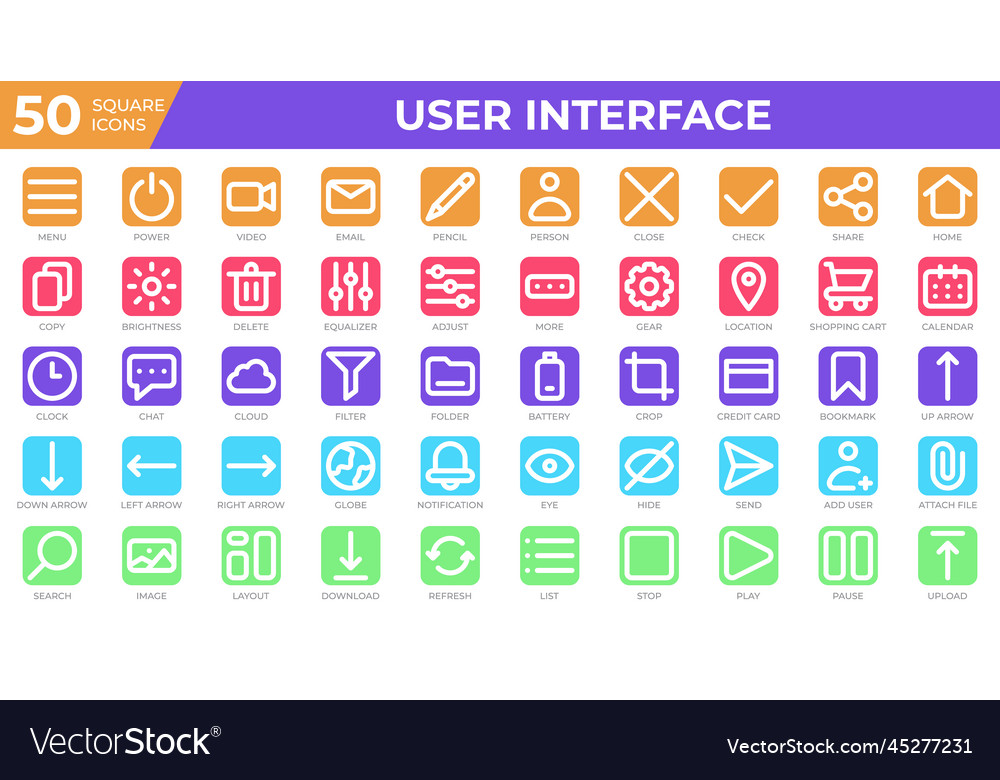 Set of 50 user interface icons in square style vector image Set of 50 user interface icons in square style