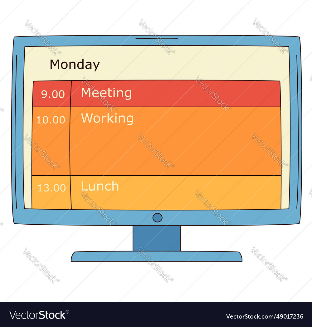 Computer with daily schedule on monitor screen vector image Computer with daily schedule on monitor screen