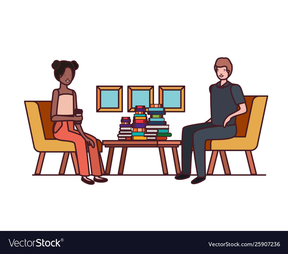 Couple sitting in work office avatar character