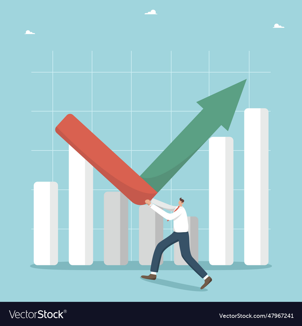 Man breaks arrow moving down graph vector image Man breaks arrow moving down graph