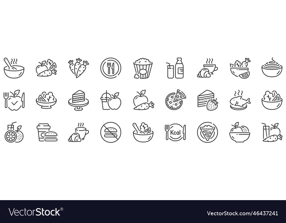 Meal line icons vegetable dish poke bowl food