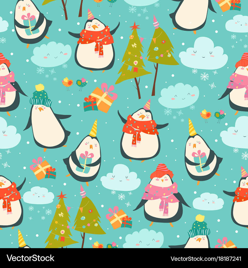 Seamless pattern with cute penguins Royalty Free Vector