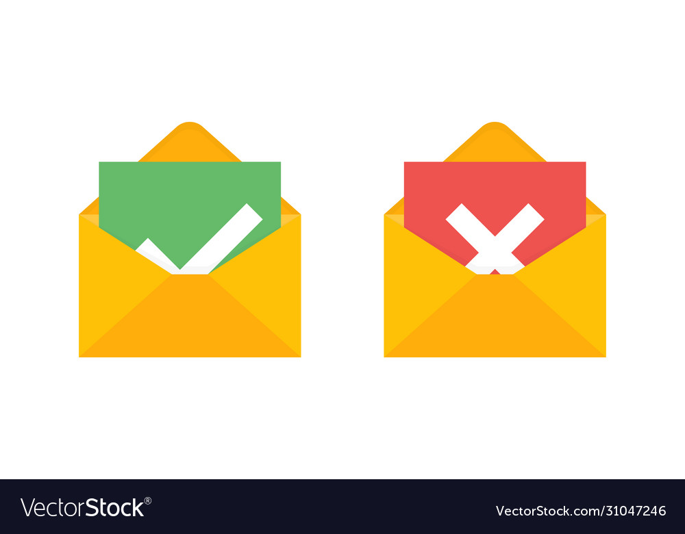 Envelopes with green checkmark and red cross vector image Envelopes with green checkmark and red cross