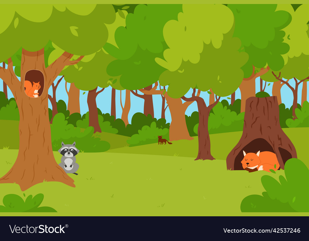 Forest landscape with wild animals sitting inside Vector Image