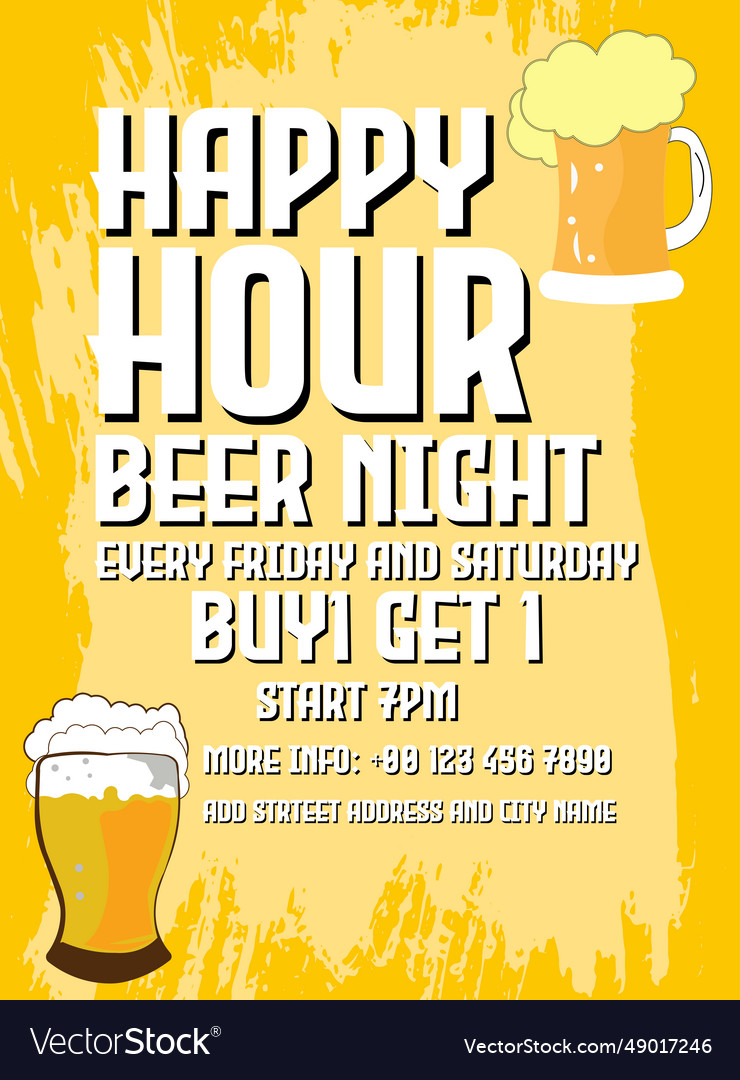 Happy hour beer night poster flyer design Vector Image