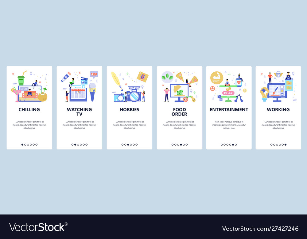 Hobbies website and mobile app onboarding screens Vector Image Hobbies website and mobile app onboarding screens