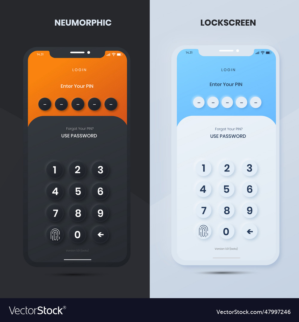 Onboarding lock screen mobile app dark and light