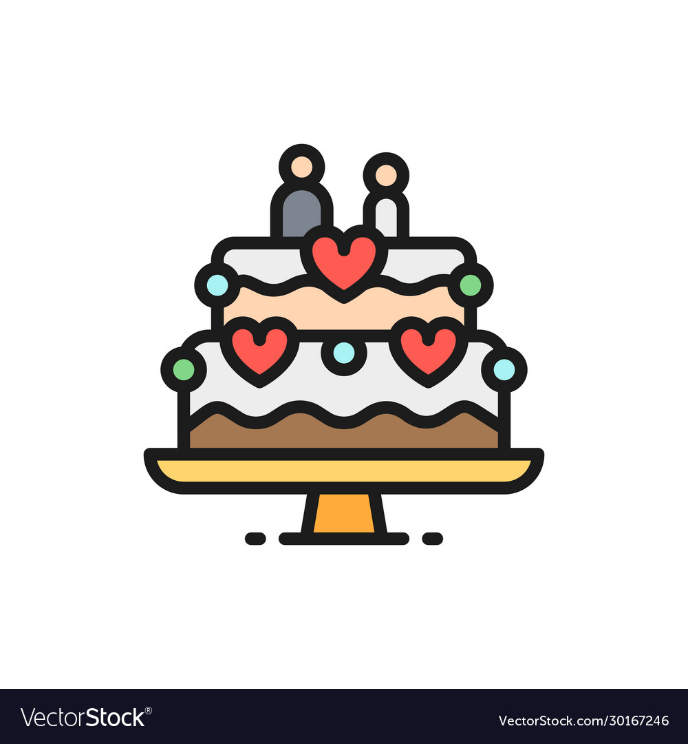 Wedding cake with figures newlyweds flat color vector image Wedding cake with figures newlyweds flat color