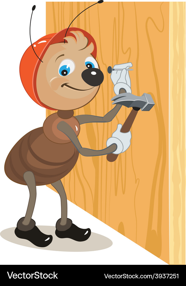 Ant builder hammers a nail hammered into a wooden Vector Image