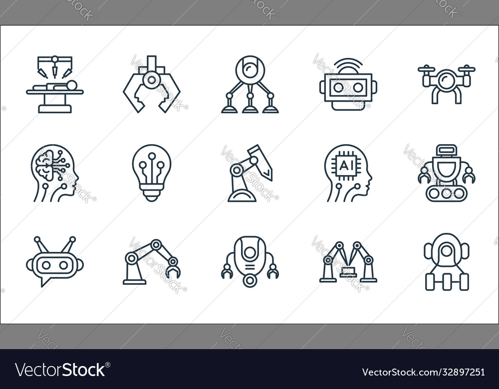 Robotics line icons linear set quality vector image Robotics line icons linear set quality