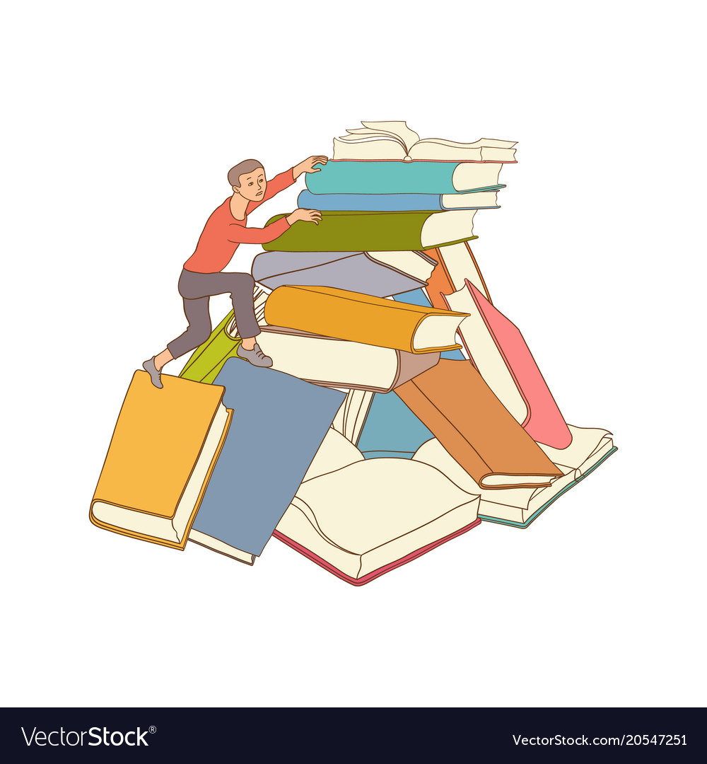 Sketch man climbing books pile