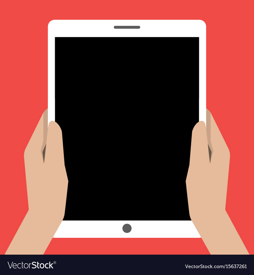 Hands holing tablet computer with a black screen