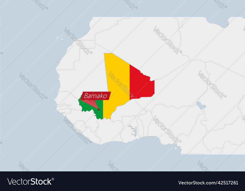 Mali map highlighted in flag colors and pin